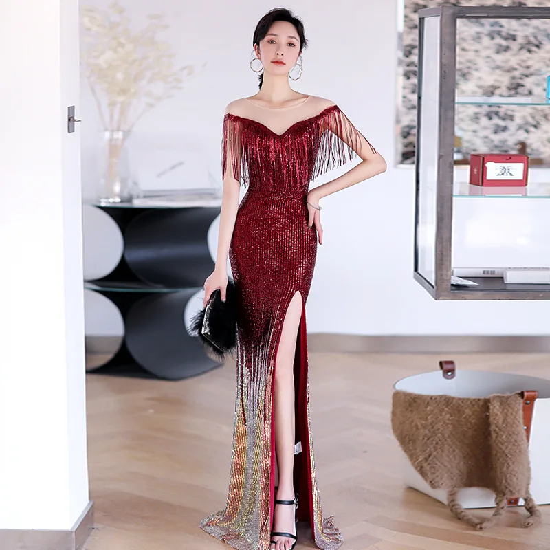 Exquisite Sequins Appliques Elegant Banquet Dress Lady Tassel Trim Temperament Evening Party Gown Novelty Mermaid Dresses