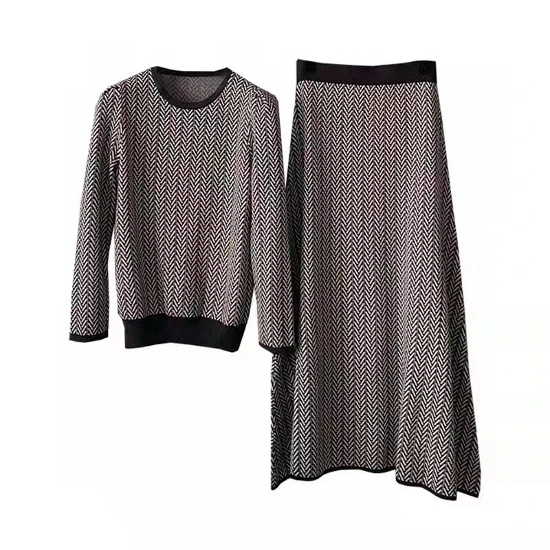 

High Quality Sweater Sets 2023 Autumn Winter Knitted Sets Women Geometric Patterns Knitting Pullovers+Long Skirt Sets Casual 2pc