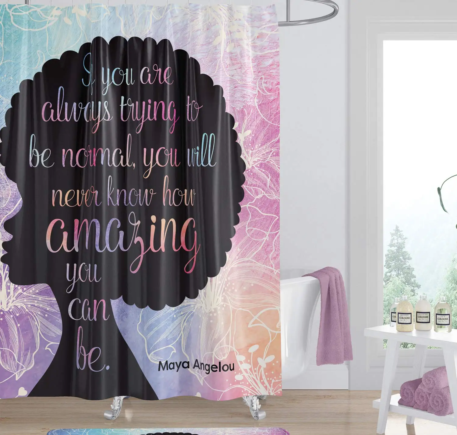 African American Expressions Shower Curtain with Hooks Natural Hair Afro Pink Floral Maya Angelou