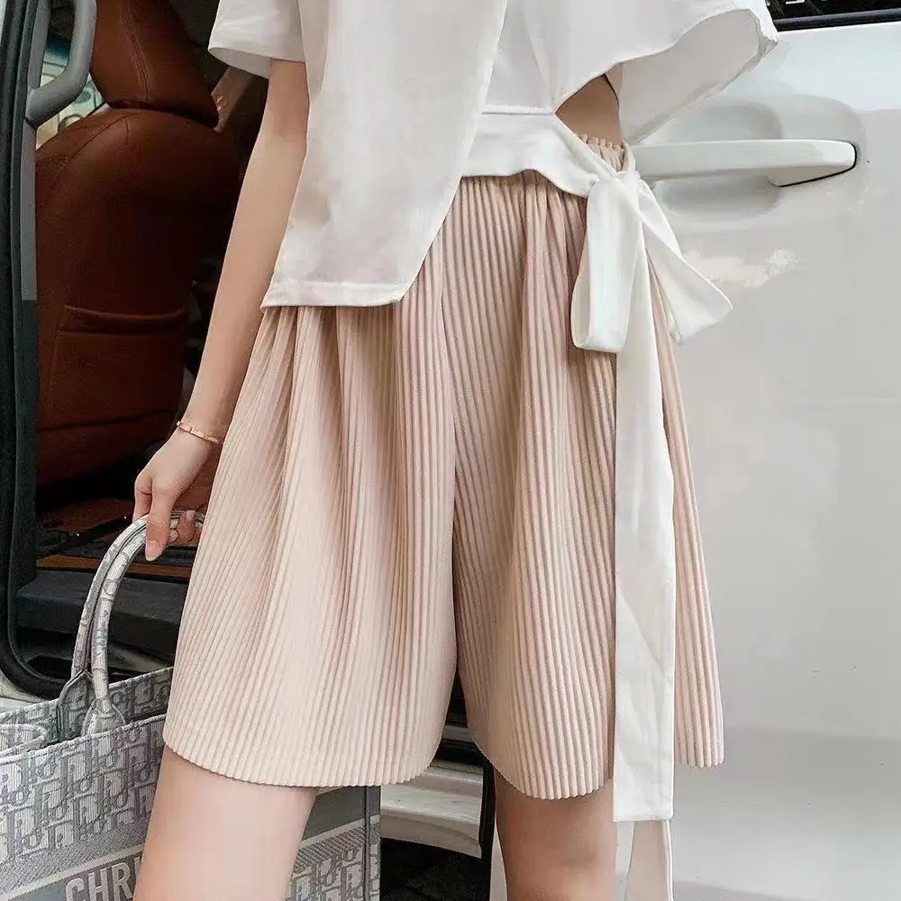 100kg Summer High Waist Large Add Size Pleated Wide Leg Shorts Casual Sports Culottes Korean Loose Female Clothing Lay Shorts