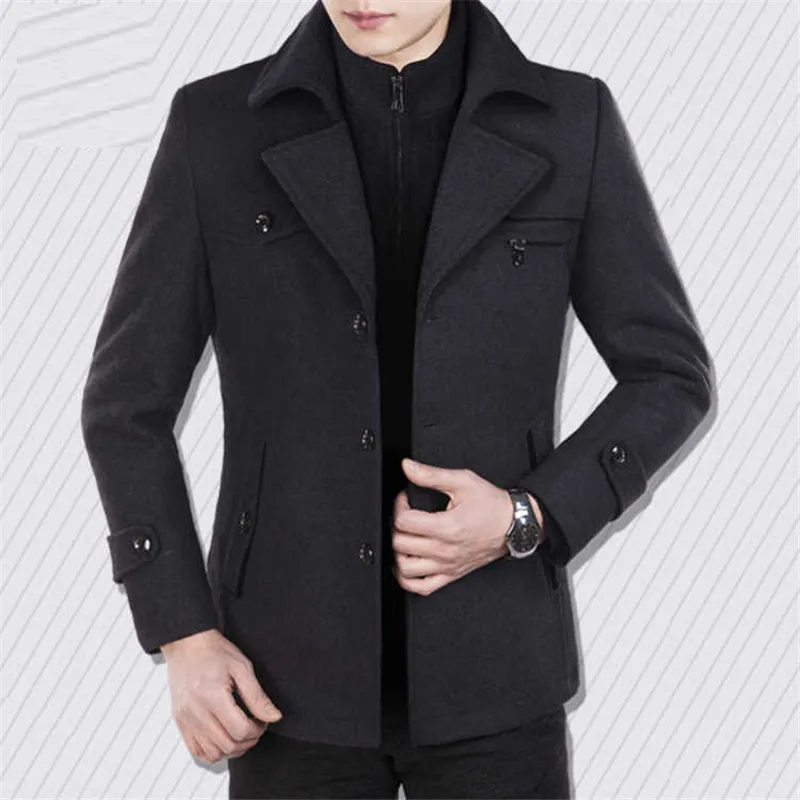 2019 new men's autumn and winter coat men's medium and long woolen jacket men's Mock Neck slim plus cotton thickened coat