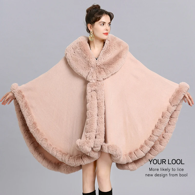 V Lapel Faux พู่ขนกระต่าย Coat Cape ผู้หญิงฤดูหนาวขนาดใหญ่ยาวผ้าคลุมไหล่ Full Trim ขนสัตว์ถักเสื้อคลุม Overcoat Parka 2023ใหม่