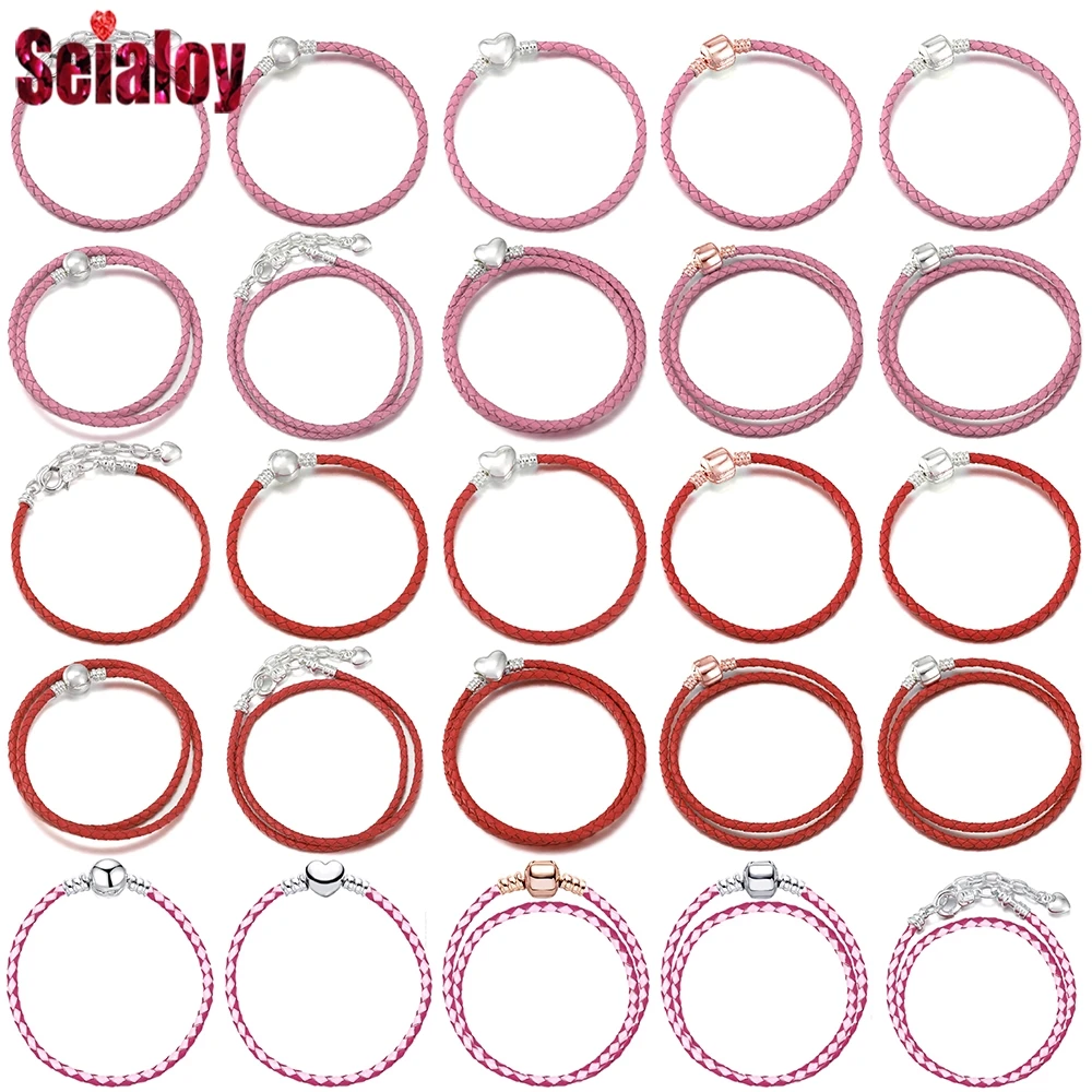 Seialoy Pink & Red Leather Weave Bracelets Fit Diy Brands Beads Charm Original Braided Leather Bracelet Women Jewelry Accessory