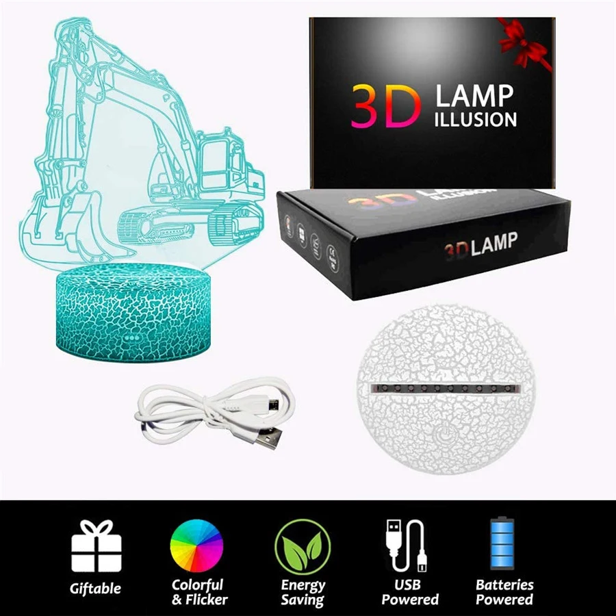 3D 광학 착시 아크릴 색상 변경 야간 조명 굴삭기 이미지, USB LED 책상 테이블 램프, 노벨티 홈 데코