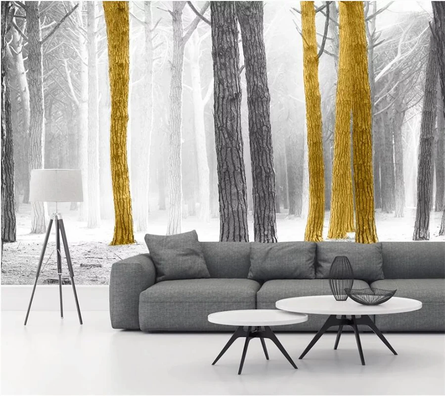 

wellyu Custom large wall painter with modern minimalist black and white landscape golden trees forest natural background wall