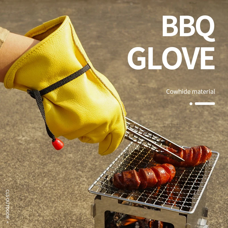 Heat Insulation Protective Gloves for Picnic BBQ, Cowhide, Anti-Scald, Thick, Wear-Resistant, Labor-resistant, Camping, Barbecue