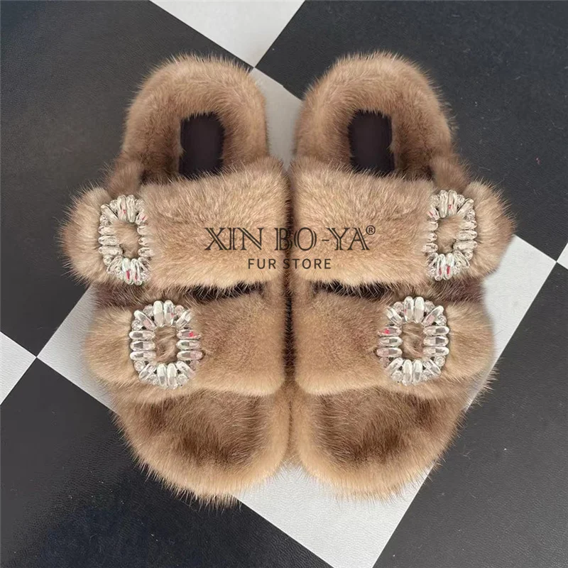 Winter Fur Slippers Women 2024 Flat Real Fur Mink Slippers Warm Soft Indoor Women Fur Slippers Luxury Designer Female Shoes