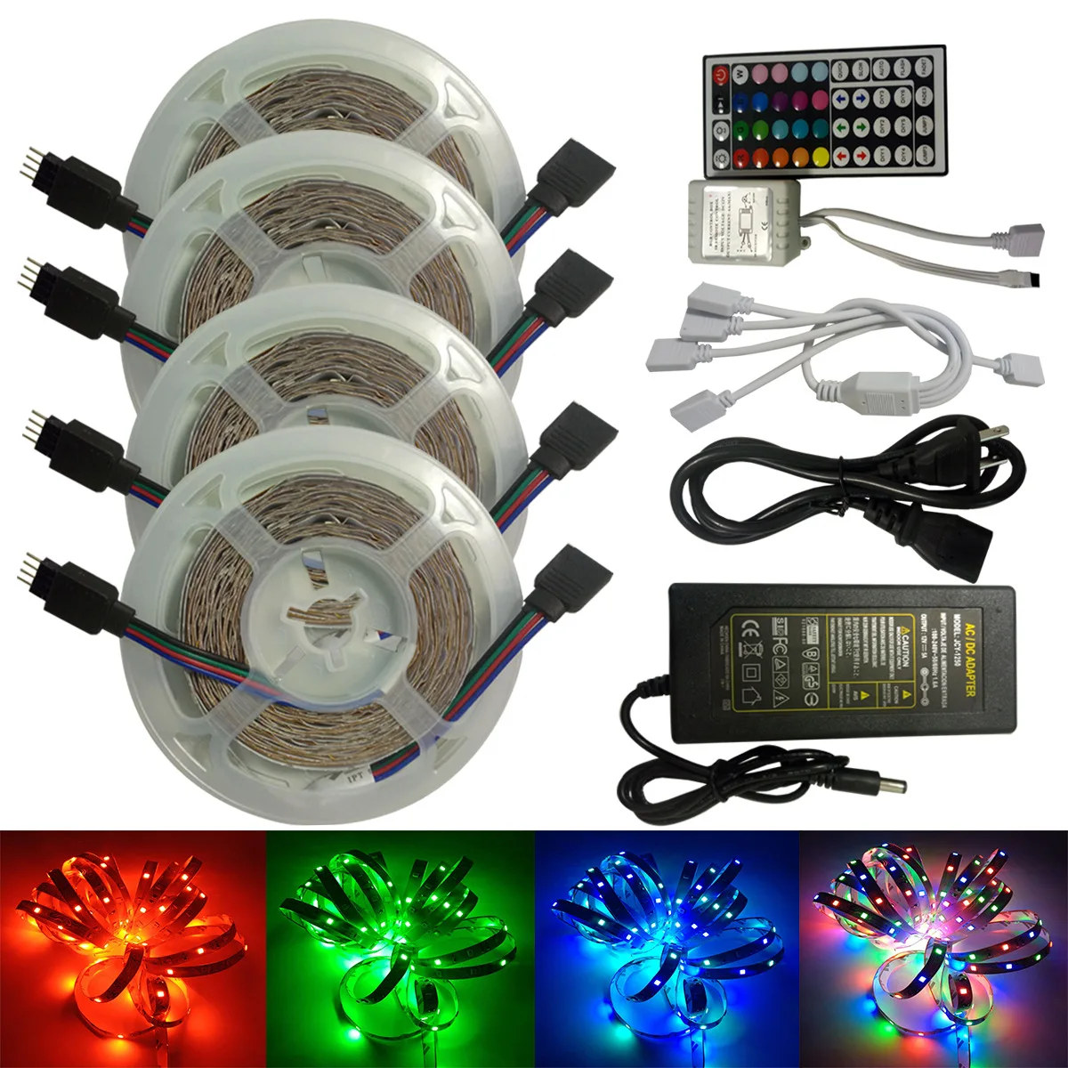 65.6Feet (20Meters) in 4Rolls of SMD5050-150 RGB LED Strip Light Kit with 44-Key Remote Control and 12V Adapter Power Supply