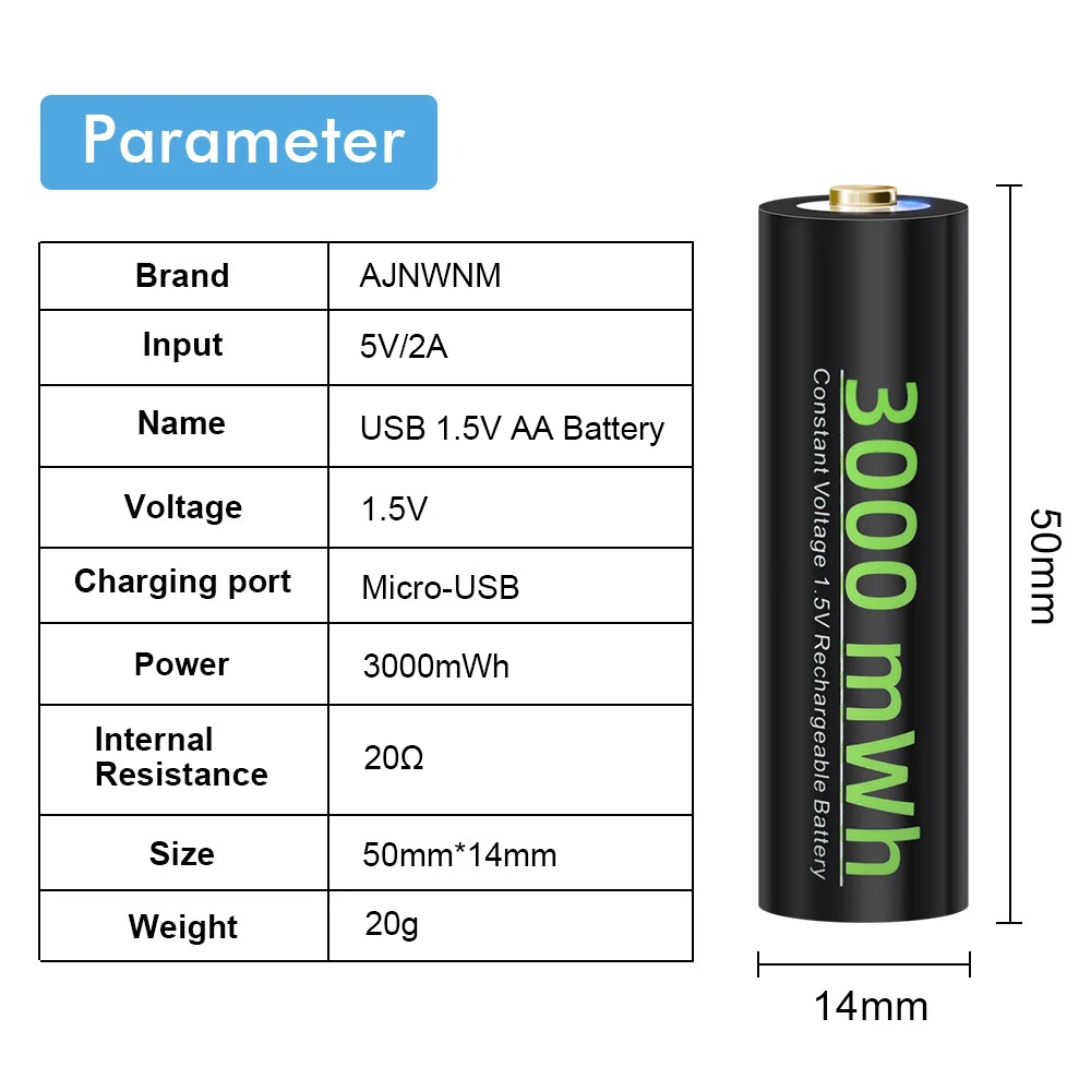 AJNWNM 1.5V AA USB 충전식 리튬 이온 배터리 3000mWh 배터리 AA 원격 제어 무선 마우스 + USB 케이블