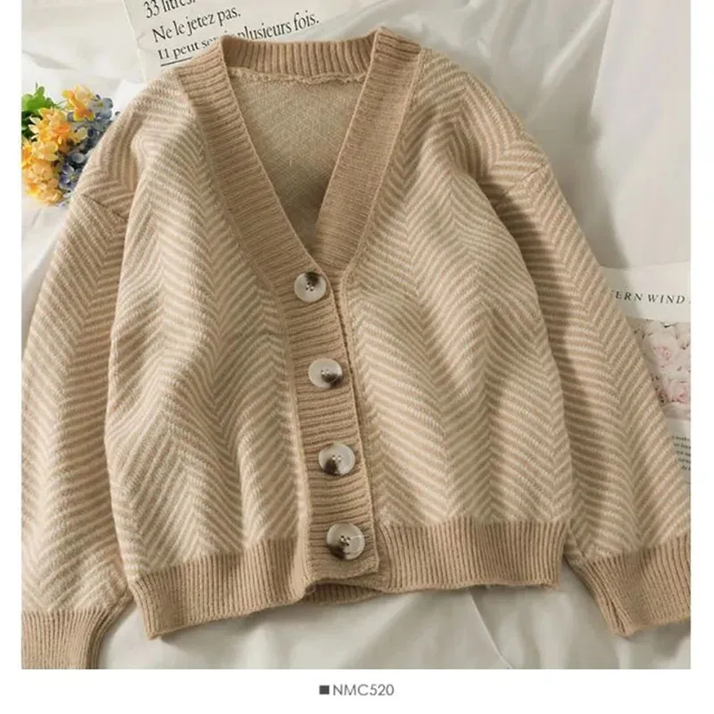 

2024 Fall Striped Knitted Cardigans Sweater Women Vintage Korean Chic Long Sleeve Coat Fashion Streetwear Loose Female Tops