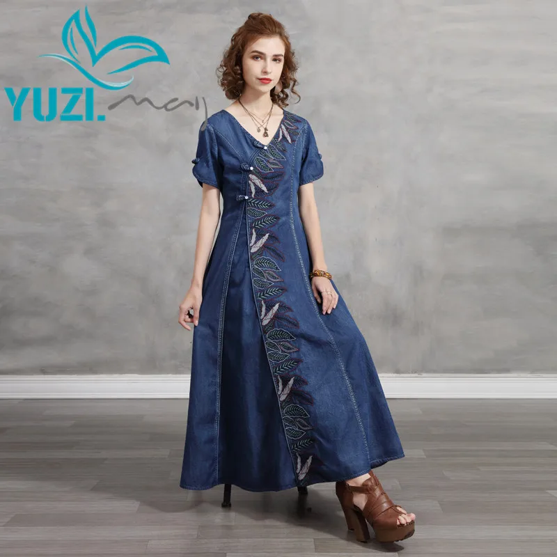 Yuzi.may-Vestido vaquero Vintage de manga corta para mujer, ropa Bohemia con cuello en V, bordado, A82295, 2021