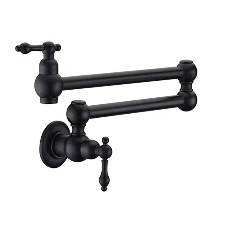 

Hot Sale Wall Mounted Double Joint Swing Arm Pot Filler Folding Kitchen Faucet Sink Tap Solid brass black single cold faucet