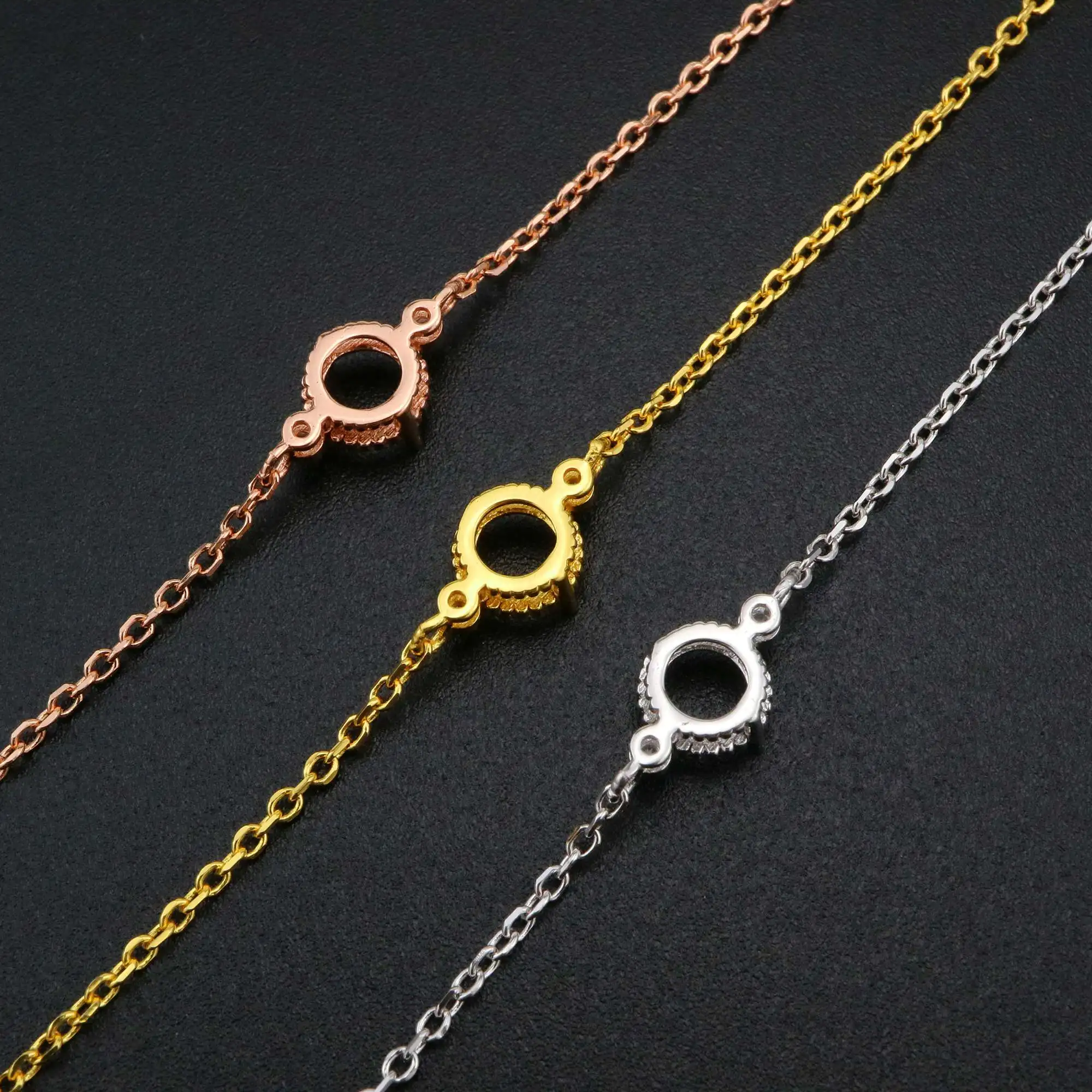 Round Prong Bezel Bracelet Settings Three Stone Solid 925 Sterling Silver DIY Bracelet Supplies for Gemstone 6+1\'\' 1900260