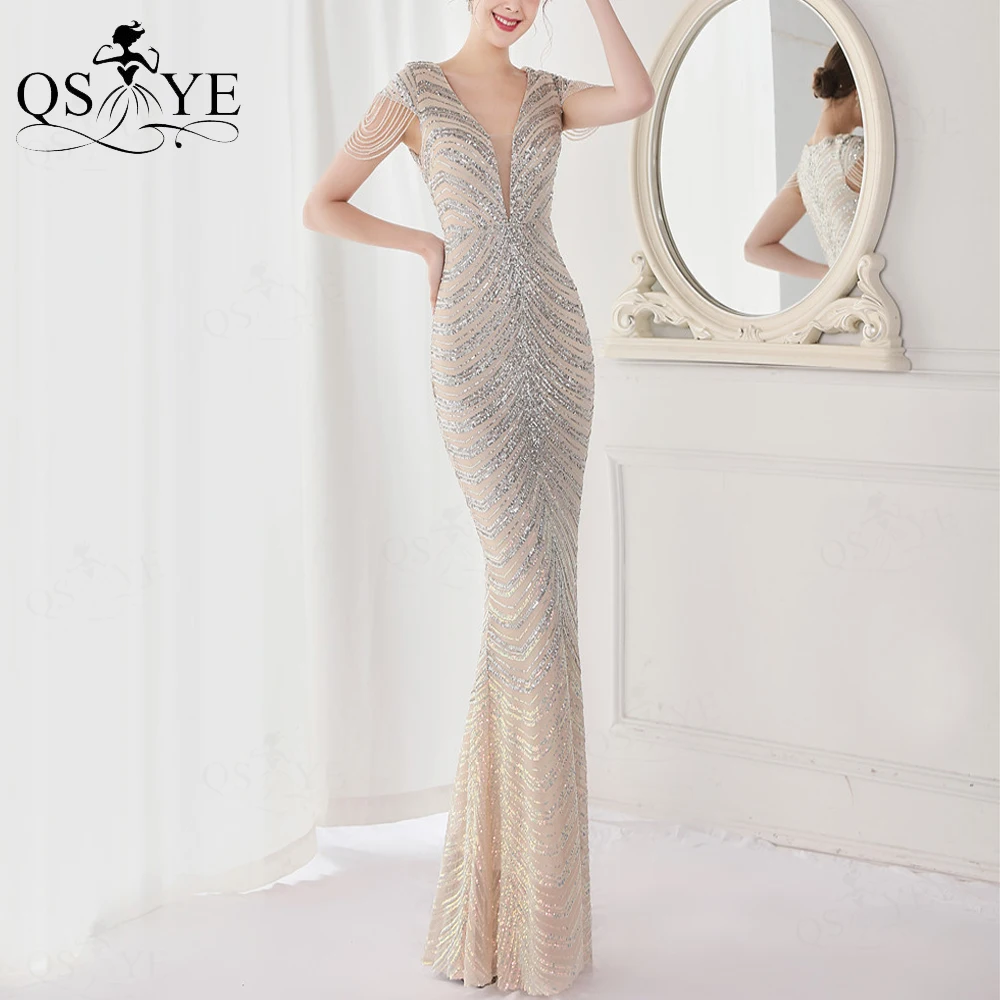 

Twill Sequin Silver Evening Dresses Mermaid Lace Prom Gown V Neck Beading Cap Sleeves Fit Elegant Women Formal Dress Chic