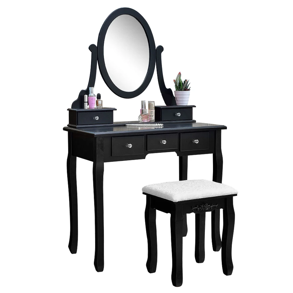 Dressers Makeup Desk 360° Rotation Single Mirror 5 Drawers Dressing Table Black