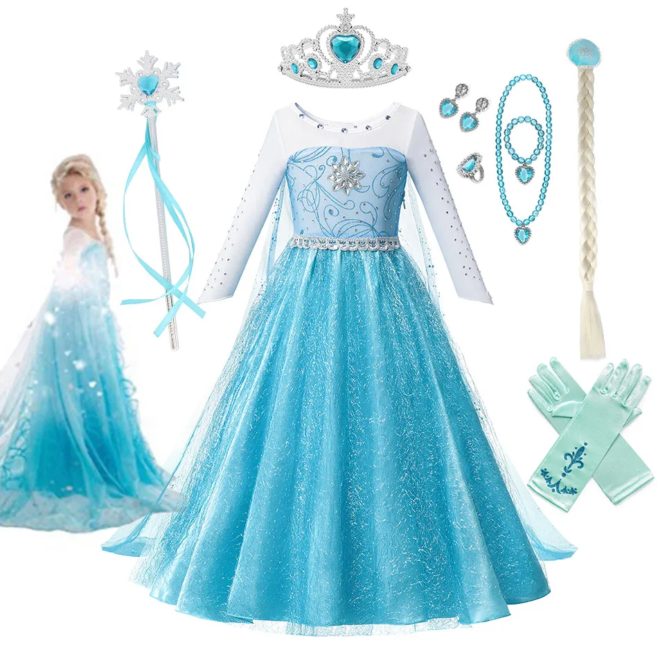 Disney Elsa Princess Dress for Girls White Sequined Mesh Ball Gown Carnival Clothing Kids Cosplay Snow Queen Frozen 2 Costume