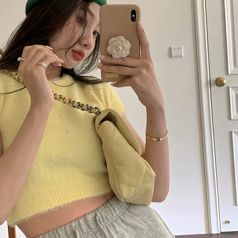 Korean Summer T-shirt Female Mink Short Sleeve Short Slim Tees 2022 Spring New White/Yellow/Pink/Blue Tops