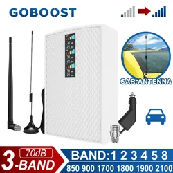 GOBOOST Tri-Band Car Signal Booster 2G+3G+4G 70dB Cellular Amplifier For Car 850 900 1700 1800 1900 2100MHz Network Repeater Kit