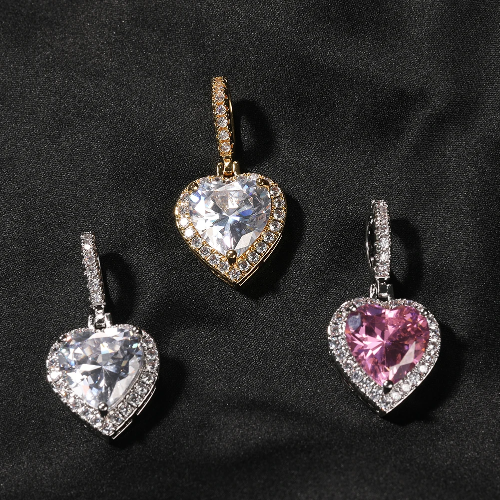 THE BLING KING Heart Crystal Pendent Necklaces Iced Out Pink Cubic Zirconia Charm Necklace For Women Fashion Hiphop Jewelry