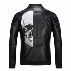 2024 Skull Rhinestones PU Jackets Men Black High Street Stand-Neck Zipper Rib Sleeve Streetwear Motorcycle Faux Leather Coats