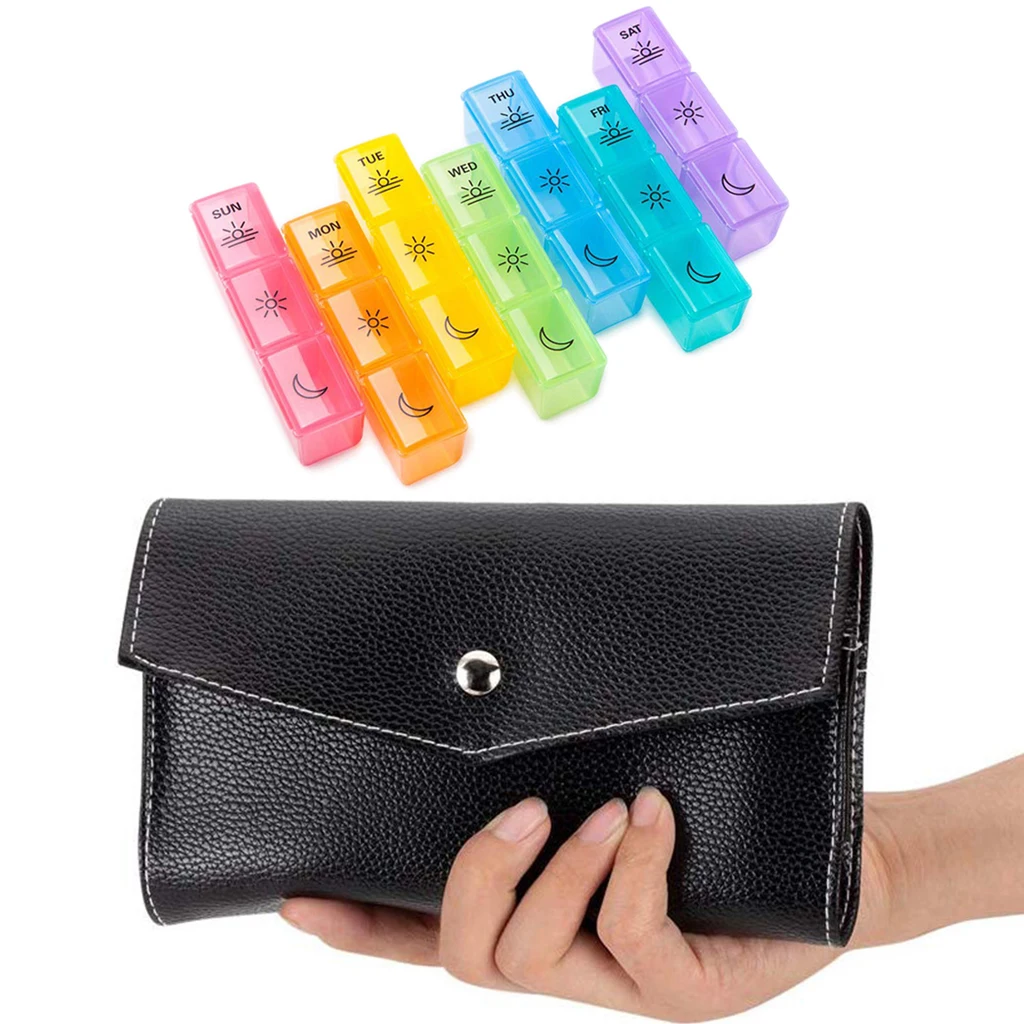 Pill Organizer Dipenser 7 Day Weekly 3 Times A Day Travel Storage Box With PU Leather Bag