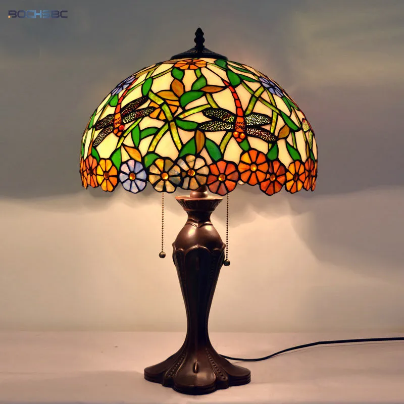 

BOCHSBC Tiffany Pastroal Dragonfly & Flowers Shade Table Lamp Home Decor Stained Glass Desk Lights for Living Room