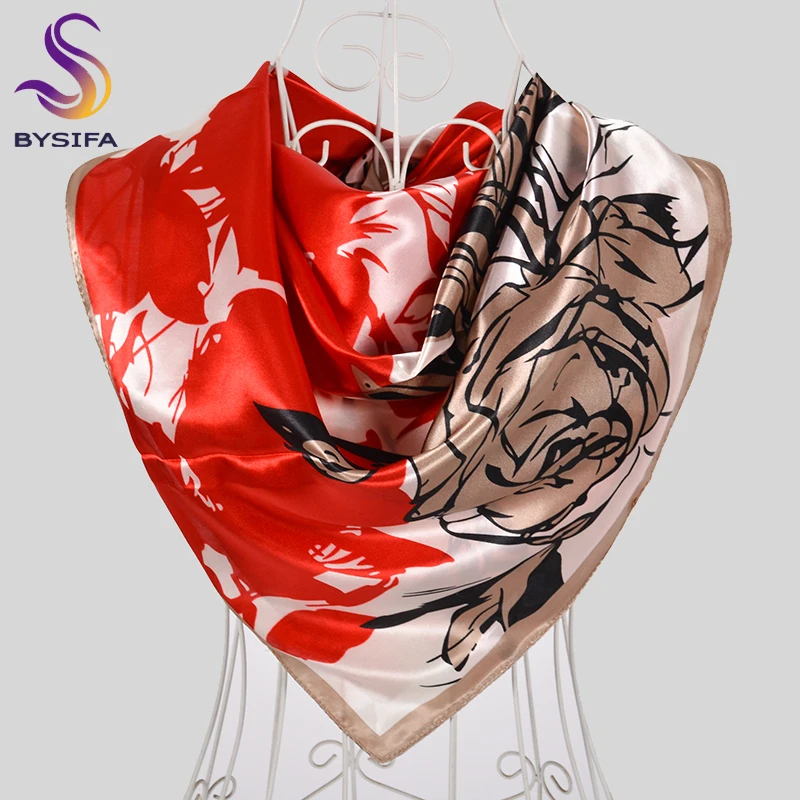 [BYSIFA] Fall Winter Coffee Red Muslim Head Scarf Hijabs Women Elegant Rose Design Satin Square Scarves Brand Silk Neck Scarf