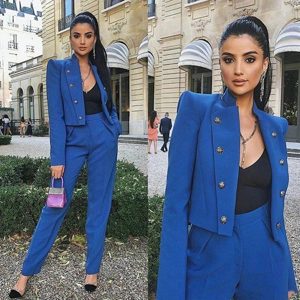 

2 Pieces Royal Blue Women Suits Vintage Double Breasted Slim Fit Jacket Pencil Pants Custom Made Office Lady Evening Gown