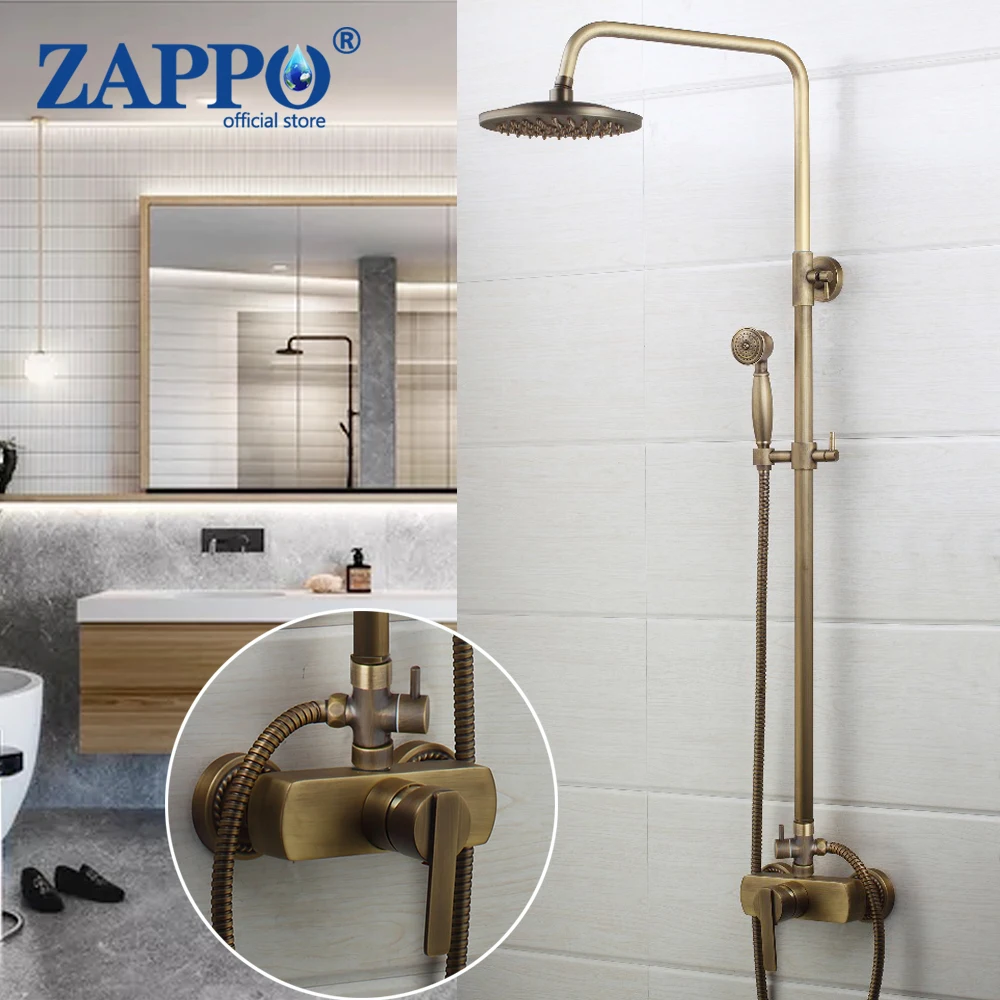 

ZAPPO Luxury Solid Brass Bathroom Rainfall Shower Head Antique Brass Shower Faucets Set Without Bathtub Mixer Spout Faucet