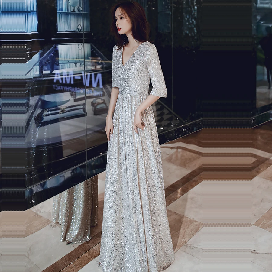 Evening Dress A-line Floor Length Robe De Soiree 2019 Three Quarter Sleeve Women Party Dresses K003 V-neck Sequin Evening Gown