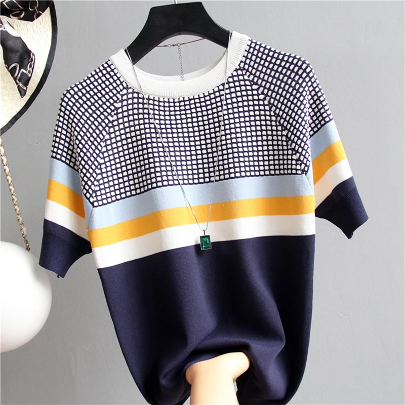 Knit Plaid Summer Short Sleeve Striped Pullover Women Sweater Knitted 2024 Sweaters Tops Korean Fashion Pull Femme Jumper Female