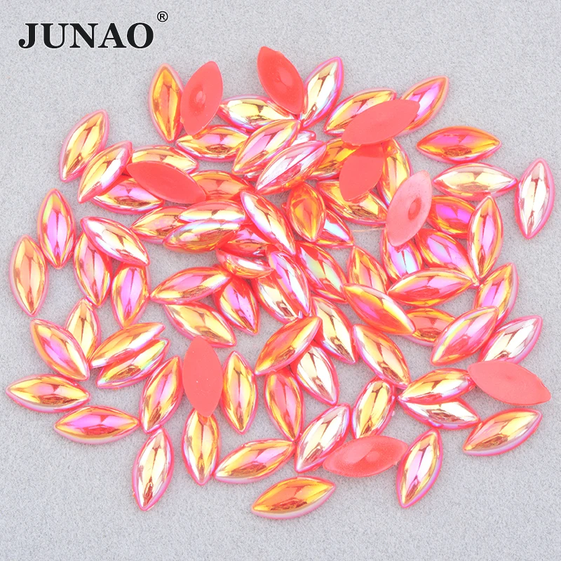 JUNAO 5*10mm 7*15mm Neon Green AB Flatback Pearl Rhinestone Horse Eye Strass Crystal Half Pearl Stickers for Jewelry DIY Crafts