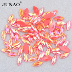 JUNAO 7*15mm 2000pcs Neon Red AB Flatback Pearl Rhinestones Bulk Horse Eye Strass Crystal Appliques Half Pearl Beads DIY Crafts