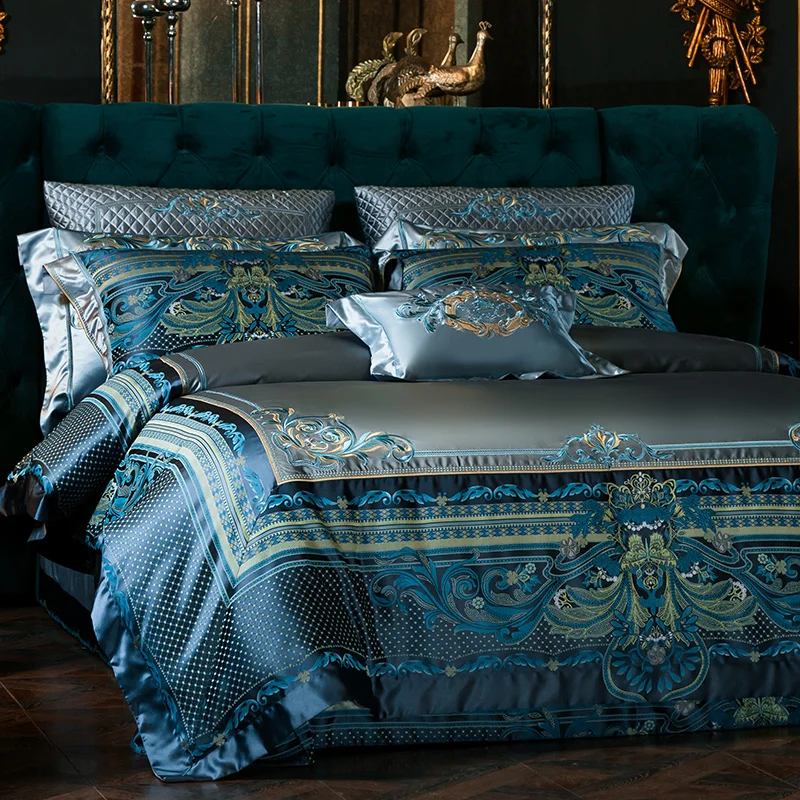 4/6/8/10Pcs Italy Design Blue Duvet Cover Queen Embroidery Cotton Linens Bedspread For Home Sheet Bed Cover Pillowcase