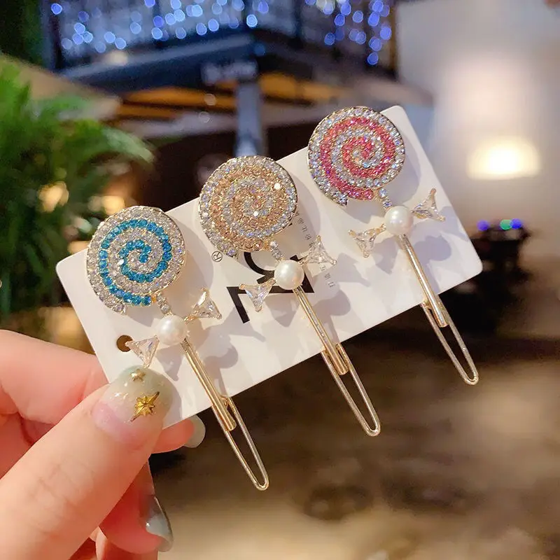 2022 New Fashion Sweet Snow Lollipop Modeling Rhinestone Word Folder Hairpin Barrette for Women Girl Child Accessories Headwear