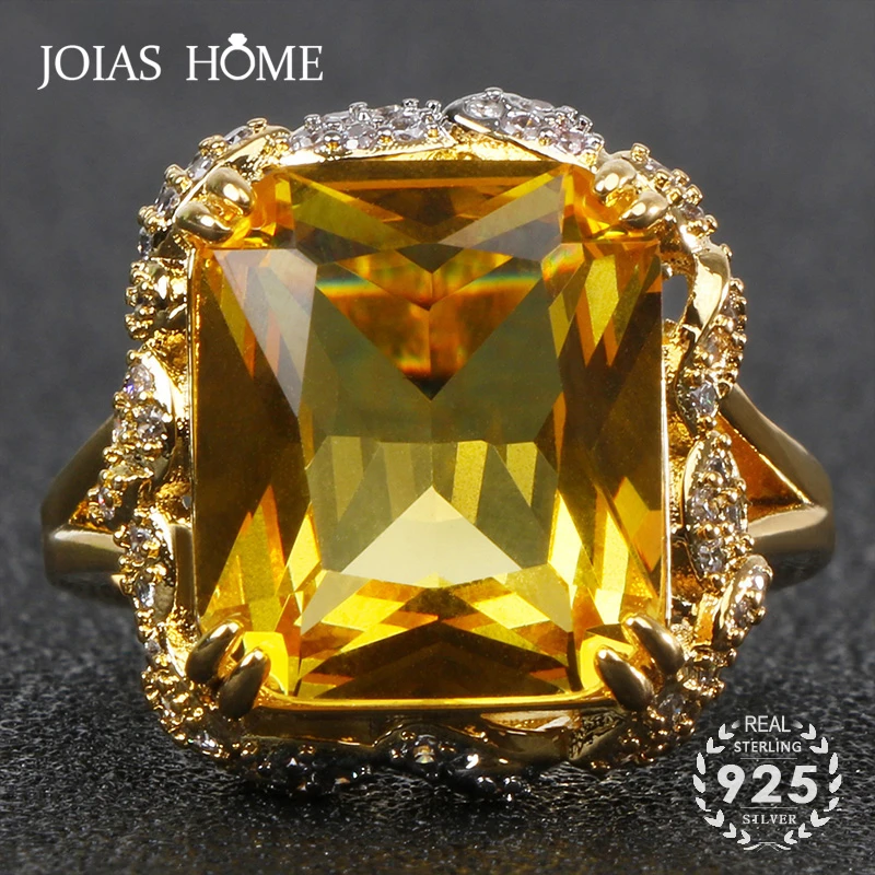 Joiashome Luxury Charms Ring 925 Sterling Silver Jewelry With Square Shaped Citrine Gemstone Wedding Engagement Rings Size 6-10