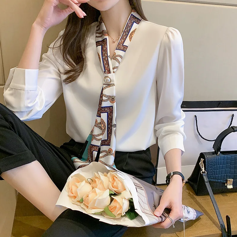 Blouses Female Elegant Fashion Office Lady Bow Solid Chiffon Shirts Women Clothing Spring Autumn Long Sleeve V-Neck Pullover Top