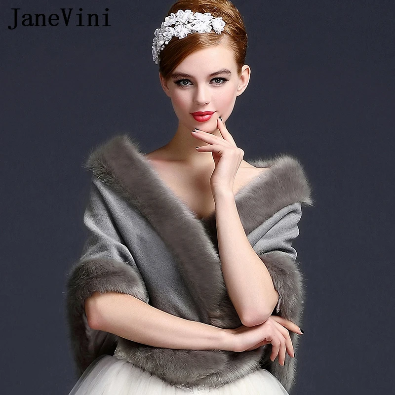 JaneVini Purple Winter Wedding Cape Bride Faux Fur Wrap White Gray Bridal Boleros Soft Fox Fur Shawl Stole Braut Bolero De Novia