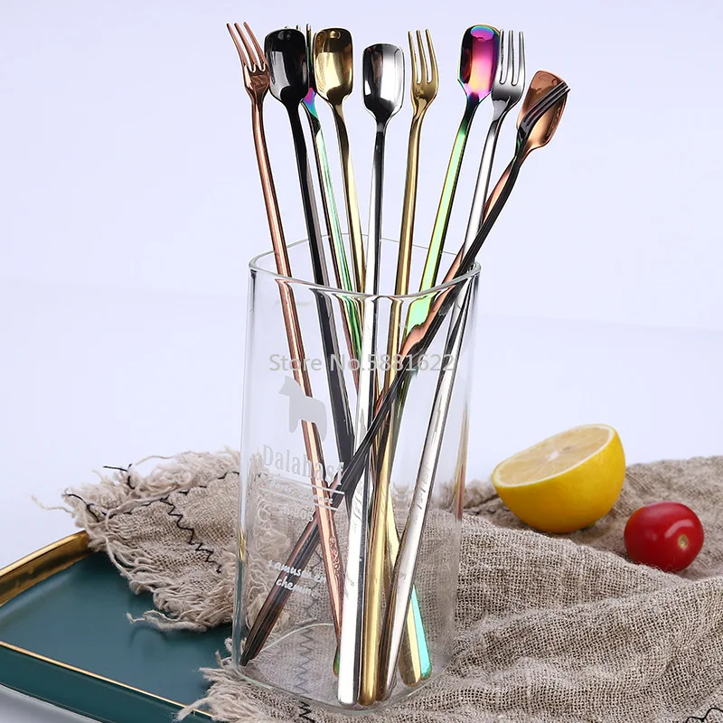 Stainless Steel Stirring Spoon with Long Handle Square Head Spoon Mini Ice Bar Gold Plated Ice Spoon Cocktail Mixing Spoon Fork