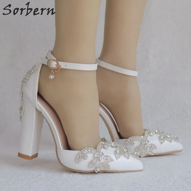 Sorbern-zapatos de tacón alto con cristales para mujer, calzado con punta puntiaguda y correa en el tobillo, tacones de dos piezas con diamantes de imitación, para novias