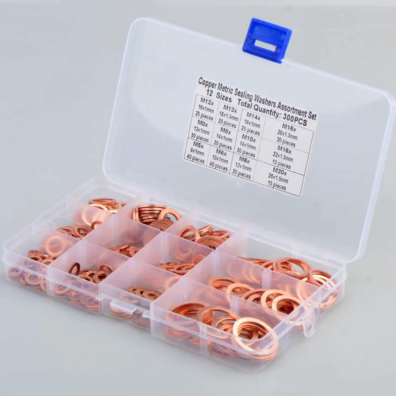 300PCS Copper Sealing Solid Gasket Washer Set Flat Ring Oil Seal Gasket  Assortment Kit M5-M20 for Sump Plugs Accessories