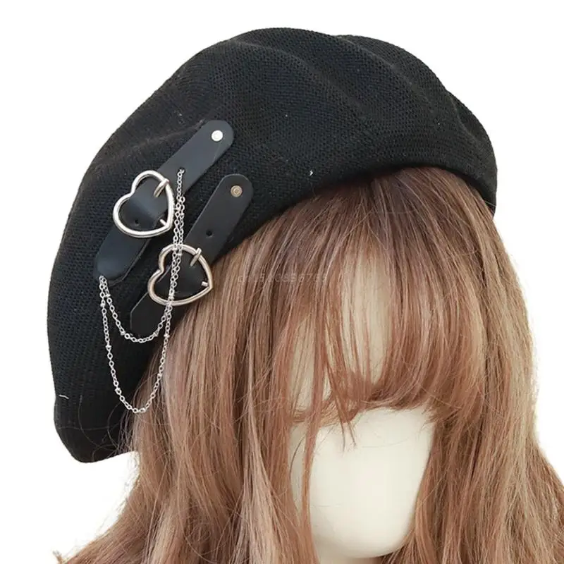 Sweet Cool Punk Beret Lolita Hat Cute Girls Japanese Heart Buckle Beanie Hat Kawaii Preppy Style Girl Beret