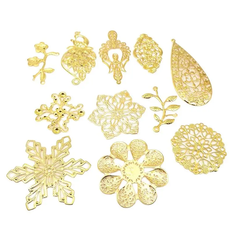 10 Pieces Antique bronze/White k/Gold color Metal Filigree Flowers Slice Charms Pendant base Setting Jewelry DIY Components