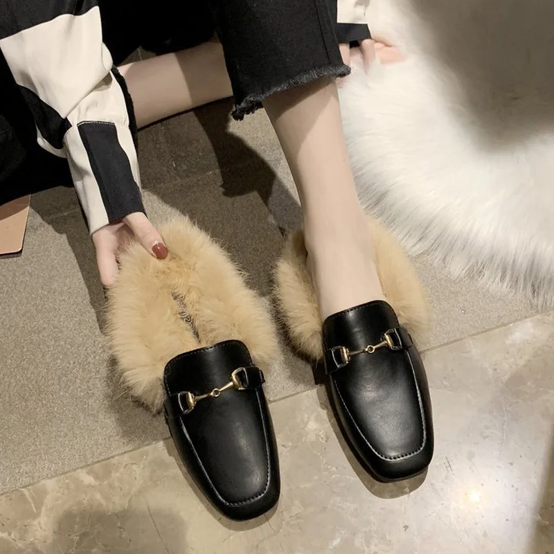 

Nice Women Mules Slip-On Faux Fur Plush Woman Flat Shoes Square Toe Female Flats Shoe Ladies Nice Winter Slippers Nice Pop