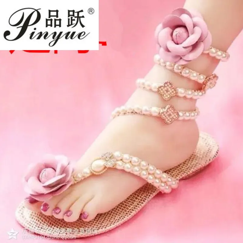 size 34 41 fashion  Woman Sandals Rhinestones Chains  Gladiator Flat Sandals Crystal Pearl and diamond flats sandal