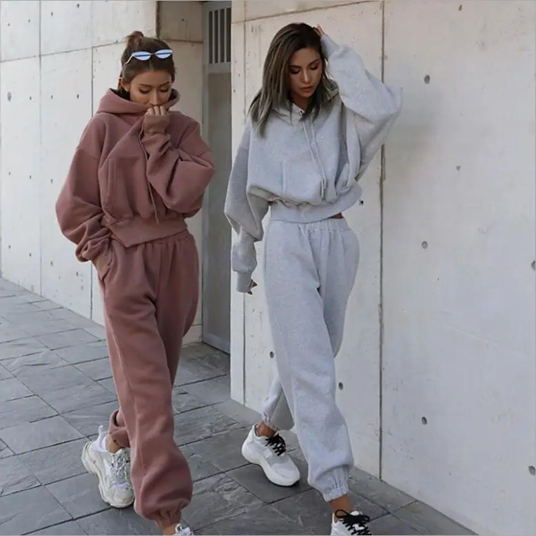 

Fleece Tracksuit for Women Joggers Sweatpant 2 Two Piece Sets Crop Top Hoodies Sweat Pants Matching Set Clothing Outfits Suit