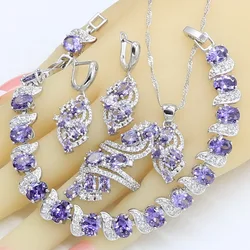 Dubai Jewelry Sets for Women Wedding Purple Amethyst Necklace Pendant Earrings Ring Bracelet Gift Box