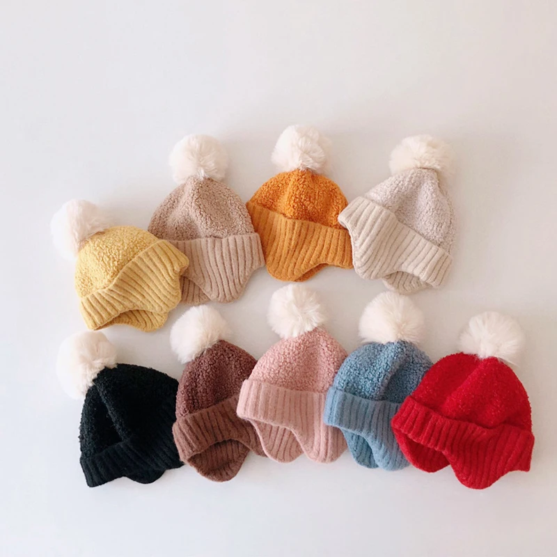 

Winter Baby Hats Thicken Warm Knitted Hats For Kids Boys Girls Children Ear Protection Cap 9 Colors