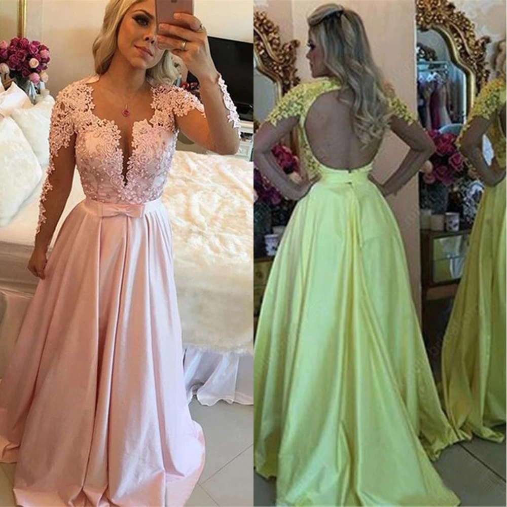 

Backless Formal Dresses Prom Party Gown Long Sleeve Evening Dress A Line Backless O-Neck Illusion Applique Pearls Floor-Length