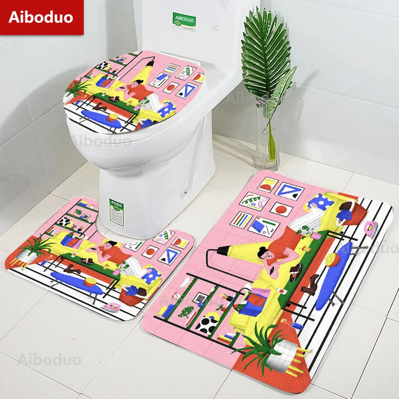 

Aiboduo Cartoon Cute 3pcs/set Non Slip Rug Toilet Lid Cover Set Interesting Bat Mat Bathroom Pad Carpet Home Decoration Contour